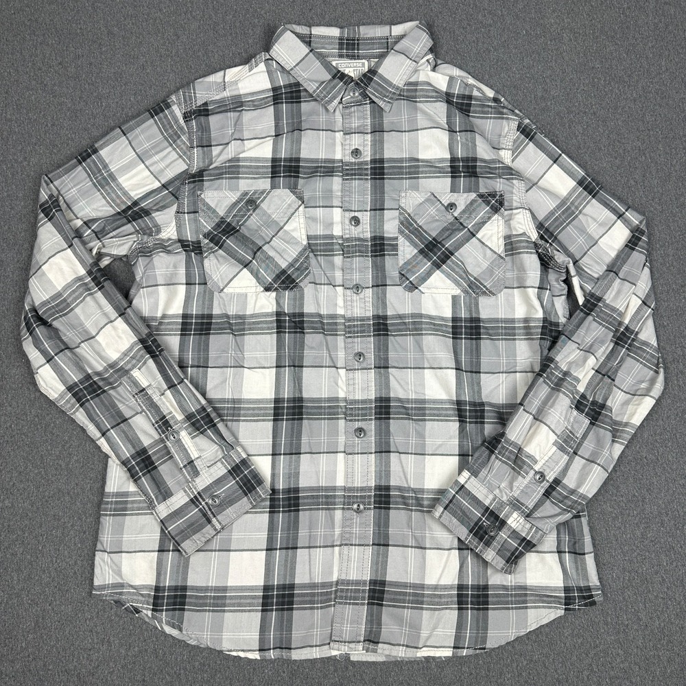 Converse One Star Mens L Gray Plaid Flannel Button Up Long Sleeve Shirt Cotton